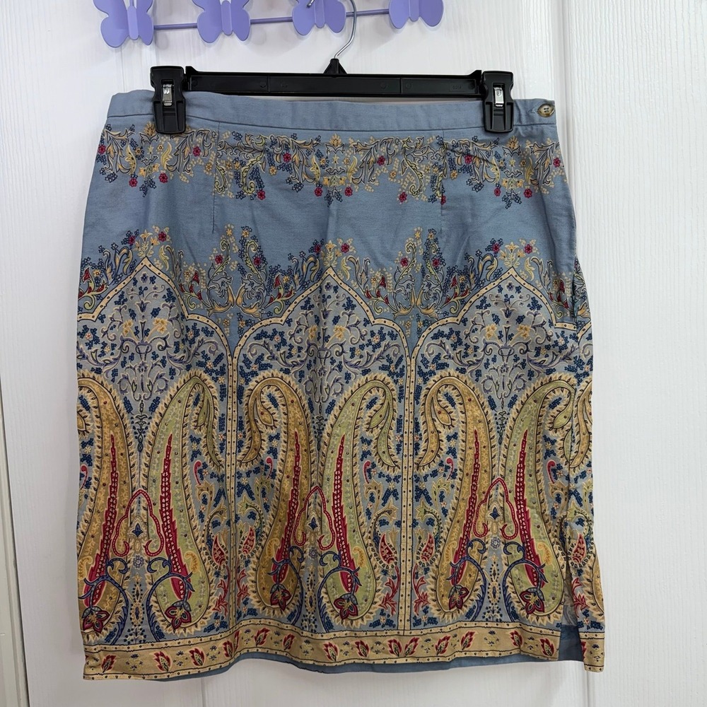 Vintage Talbots blue paisley zip split hem 100% cotton casual print‎ skirt 16